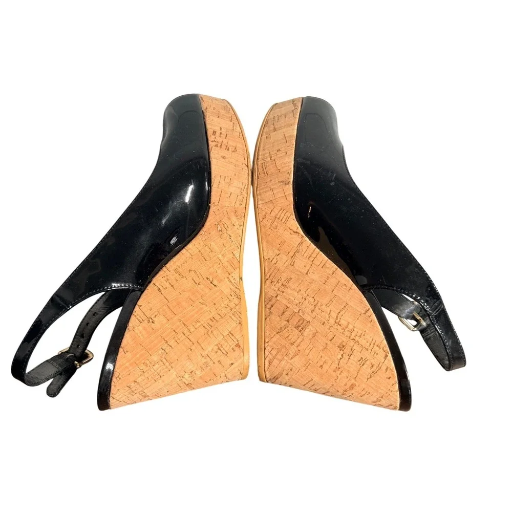 Stuart Weitzman Black Patent Leather Cork Wedge Slingback Peep Toe Sandals 7.5 M - Picture 4 of 6